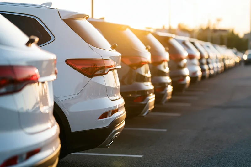 Row of suvs parked in a dealership lot viewed from behind during golden hour