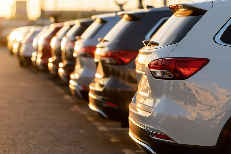 Row of suvs parked in a dealership lot viewed from behind at golden hour