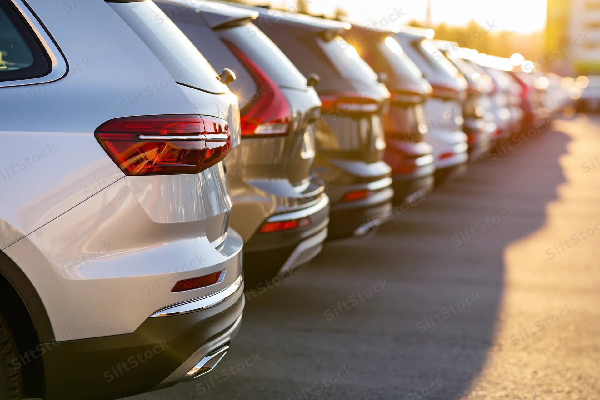 Row of suvs parked in a dealership lot at sunset