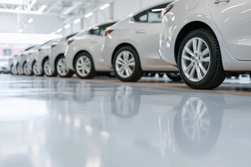 Row of white cars lined up in a showroom with glossy floor reflections