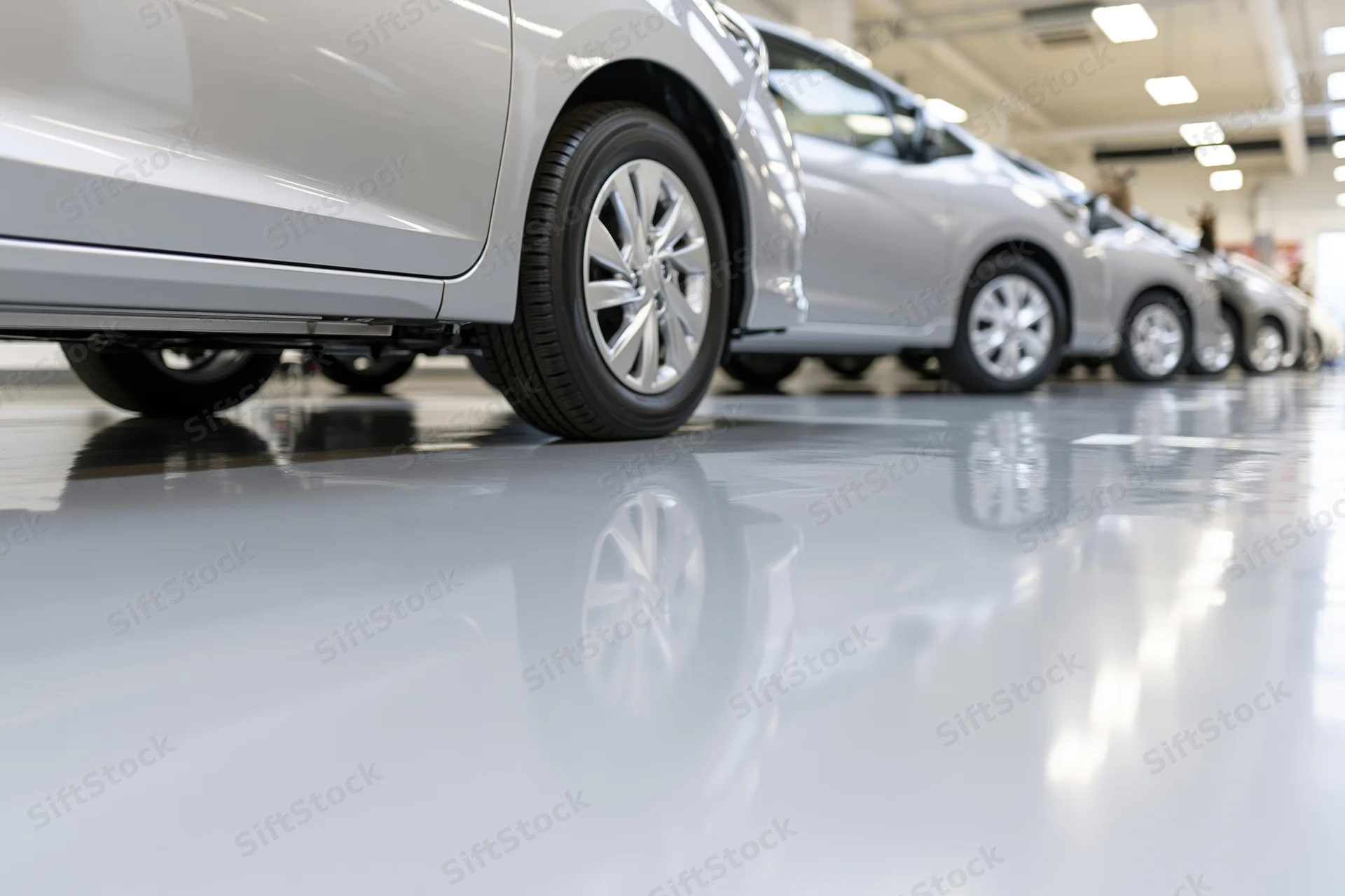 Row of silver cars parked in a car dealership showroom with glossy floor reflections