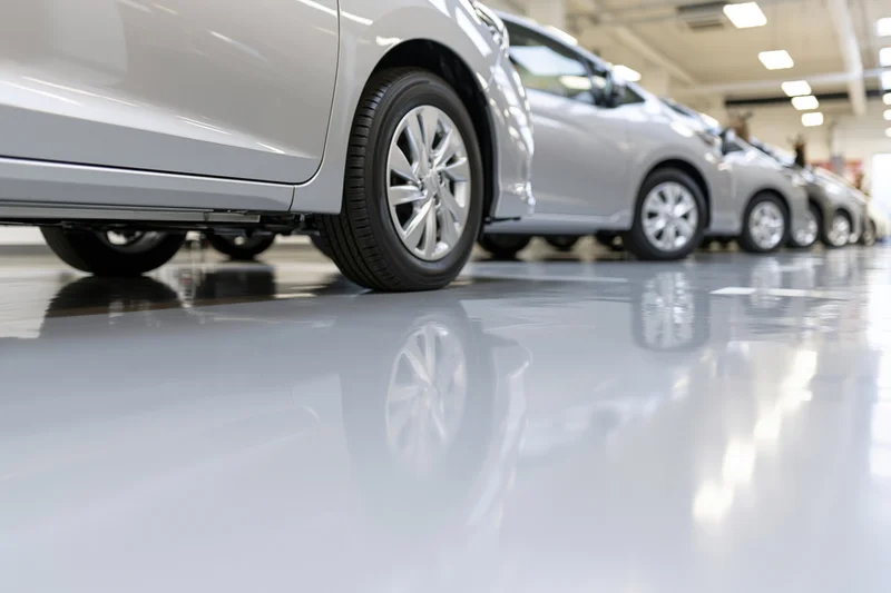 Row of silver cars parked in a car dealership showroom with glossy floor reflections