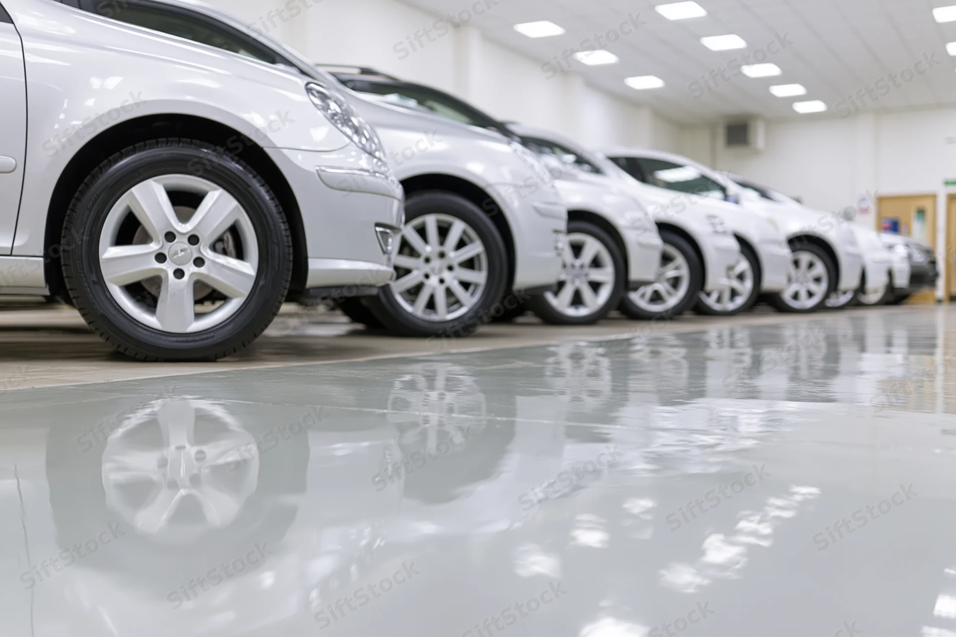 Row of silver cars parked in a car dealership showroom with glossy floor reflections