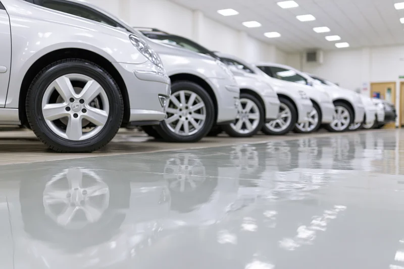 Row of silver cars parked in a car dealership showroom with glossy floor reflections