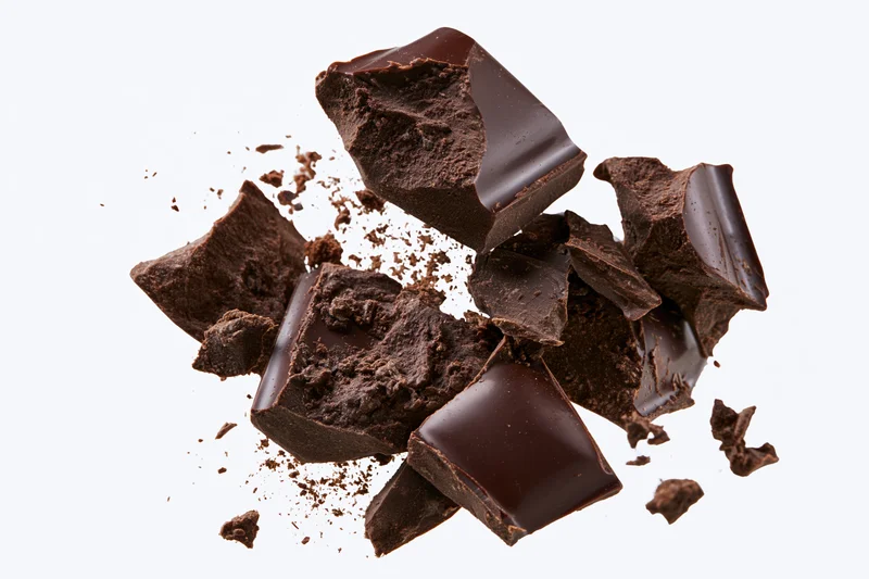 Broken dark chocolate chunks and shards floating midair against white background