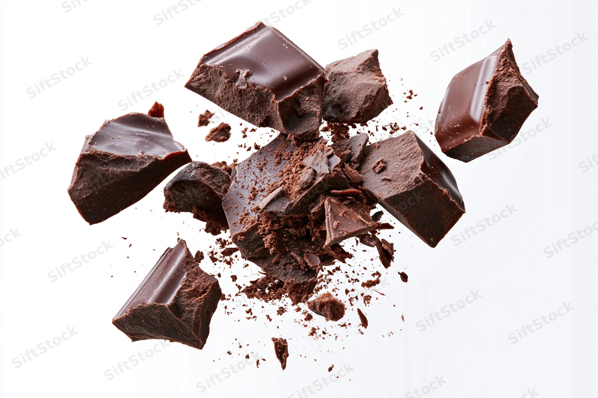 Broken dark chocolate chunks and shards floating midair against white background