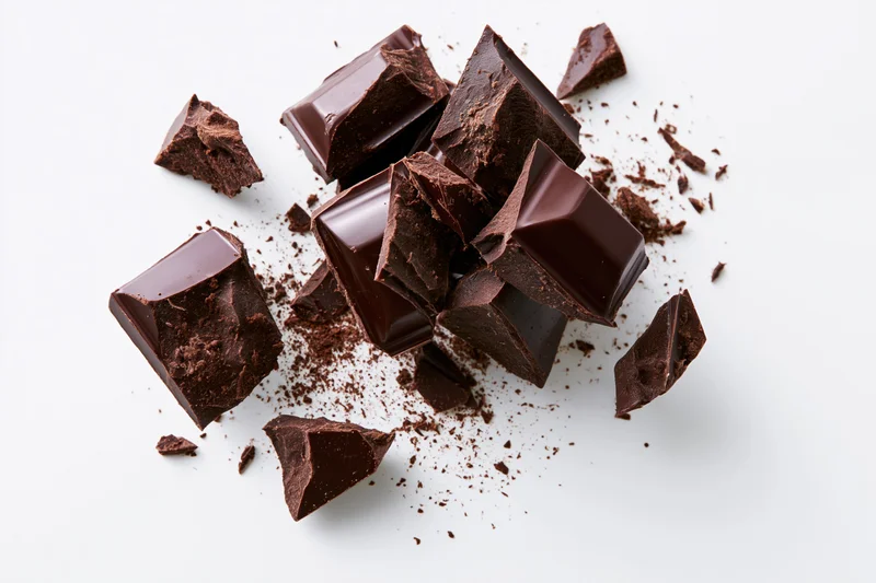 Broken dark chocolate chunks scattered on white background