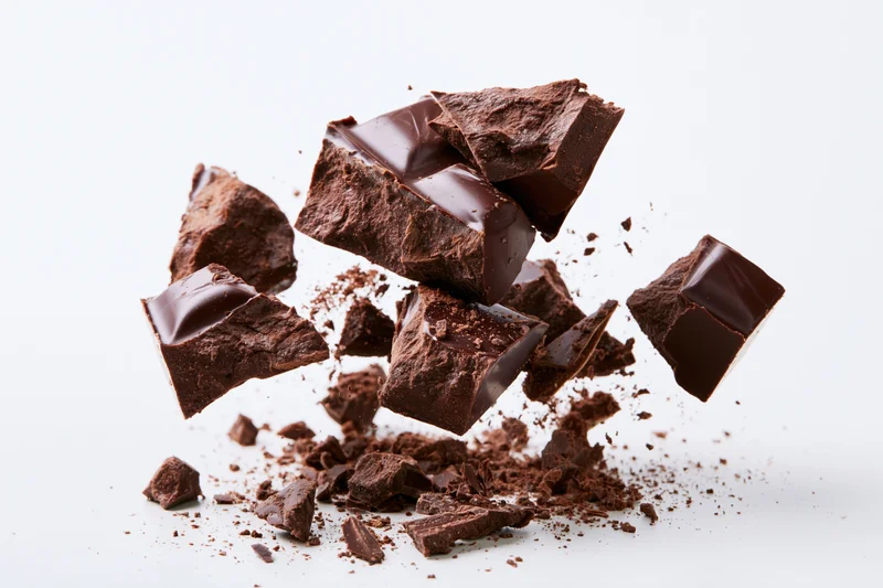 Broken dark chocolate chunks and shards suspended midair against white background