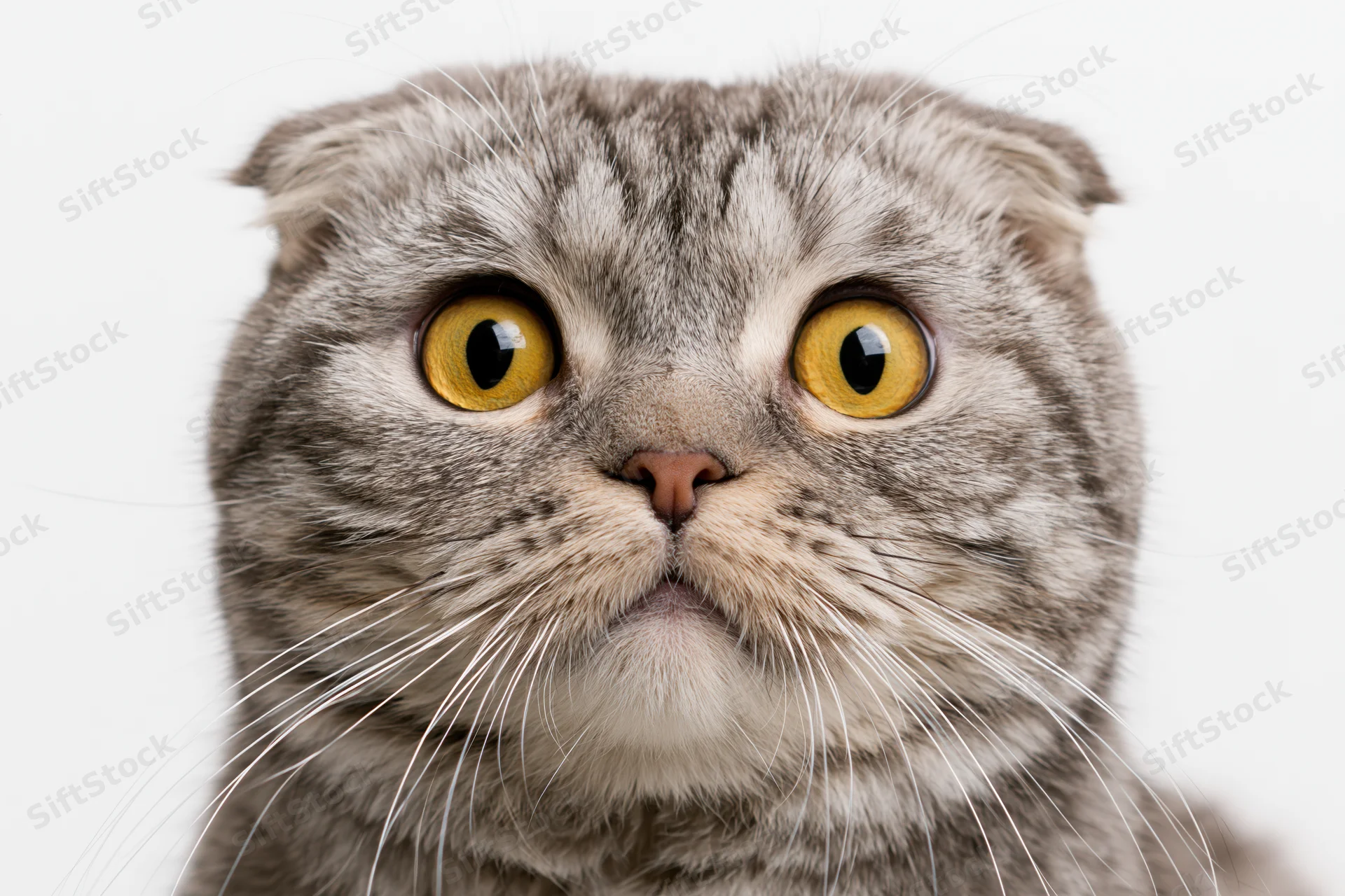 Closeup portrait of a scottishfold cat with wide dilated yellow eyes staring directly at camera against white background