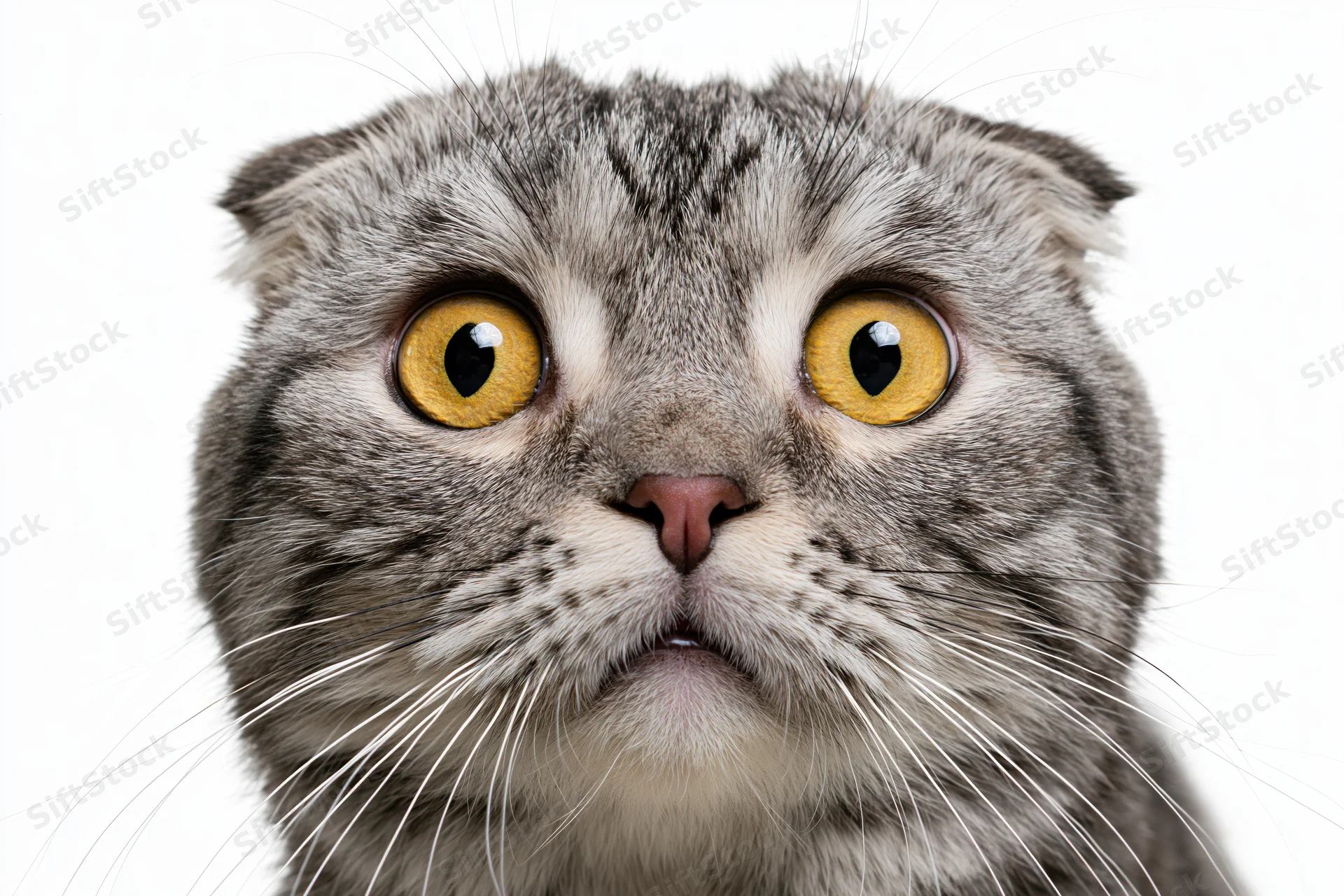 Closeup of a scottishfold cat with wide dilated yellow eyes staring directly at camera against white background