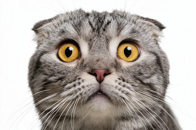 Closeup of a scottishfold cat with wide dilated yellow eyes staring directly at camera against white background