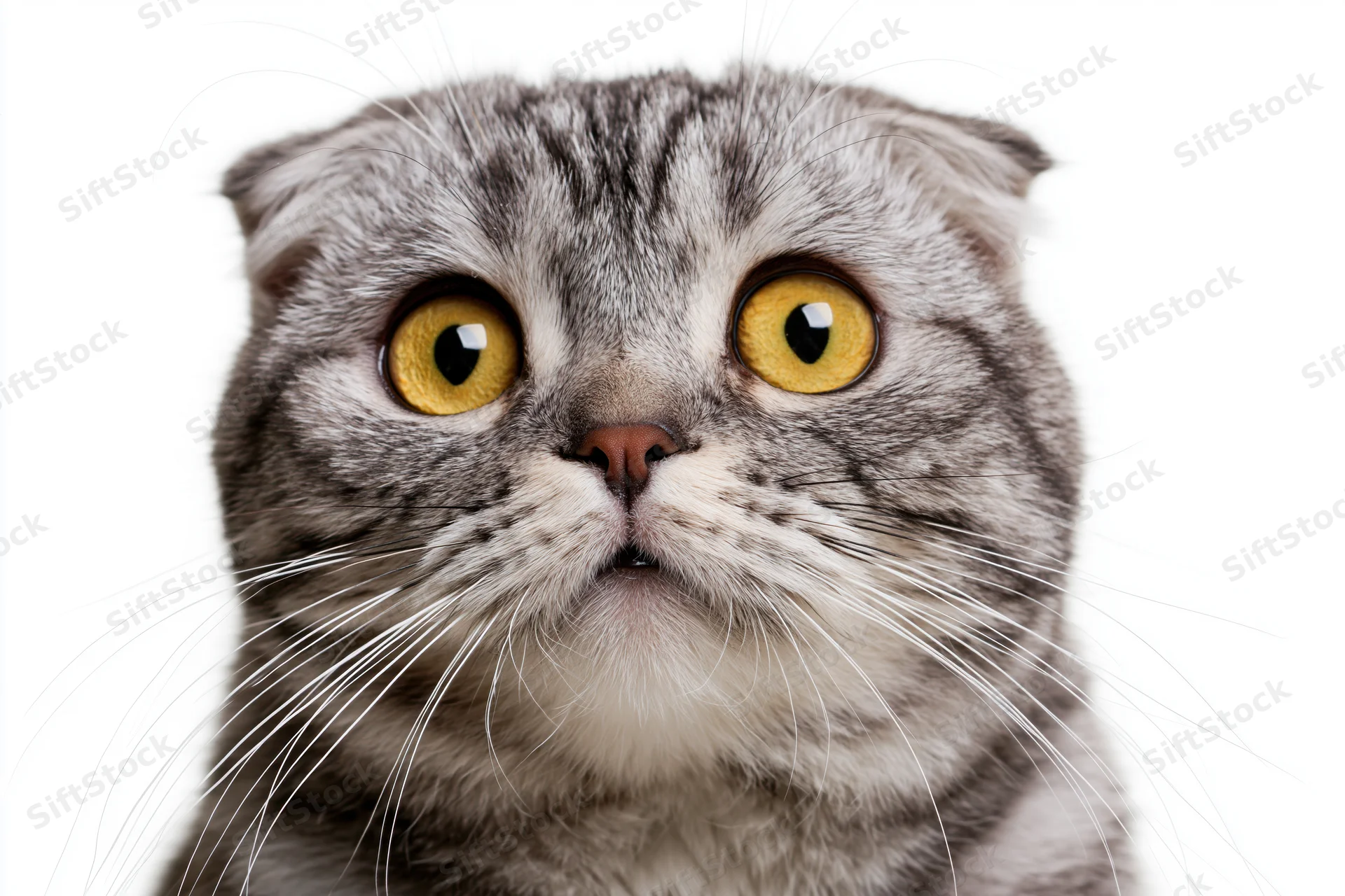 Closeup portrait of a scottish fold cat with wide dilated yellow eyes staring directly at camera against white background