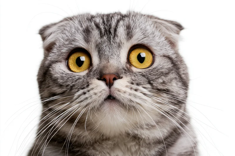 Closeup portrait of a scottish fold cat with wide dilated yellow eyes staring directly at camera against white background