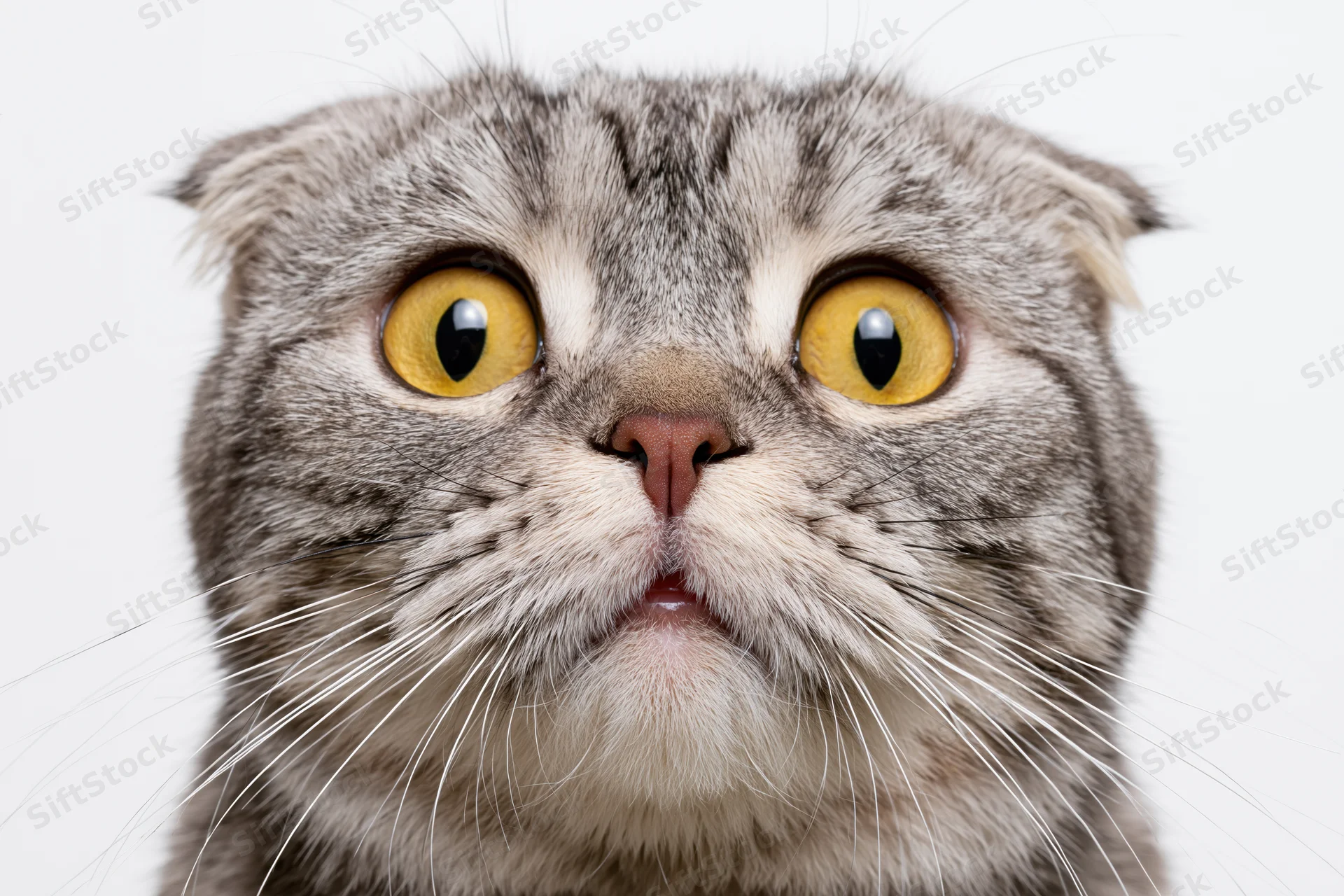Closeup portrait of a scottish fold cat with wide yellow eyes staring directly at camera against white background