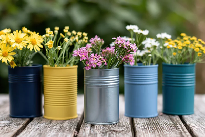 Painted tin cans repurposed as vases holding colorful wildflowers arranged on a wooden table outdoors