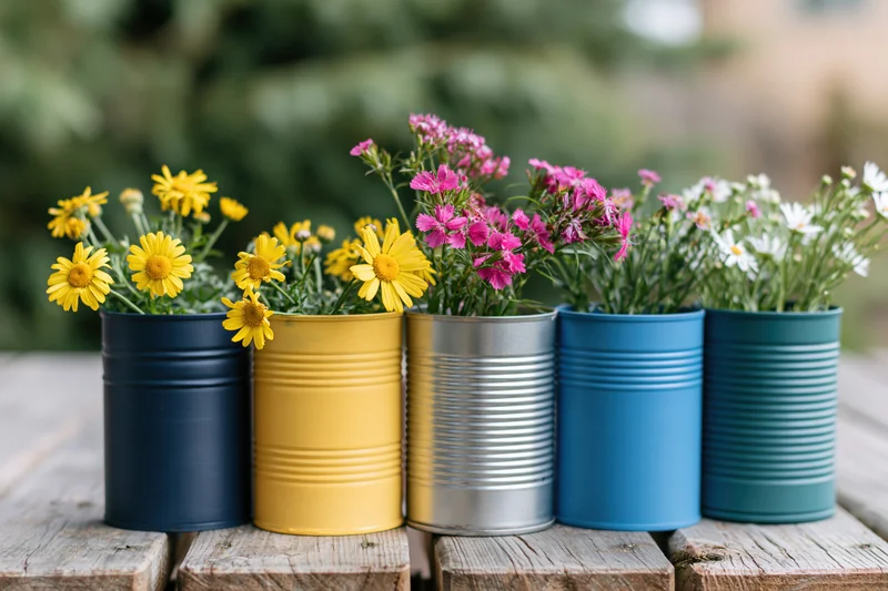 Painted tin cans repurposed as vases holding colorful wildflowers arranged on a wooden table outdoors