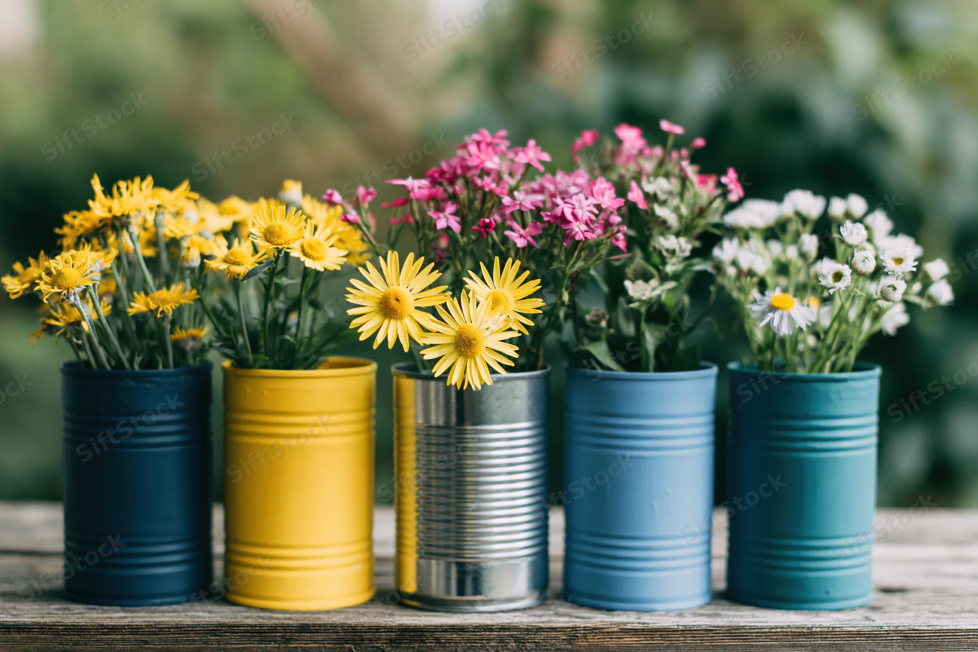 Colorful wildflowers arranged in painted tin cans on a wooden table outdoors