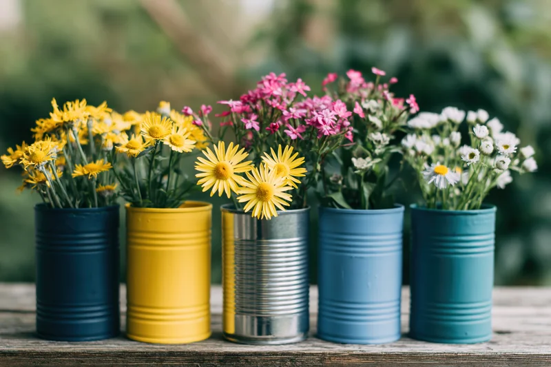 Colorful wildflowers arranged in painted tin cans on a wooden table outdoors