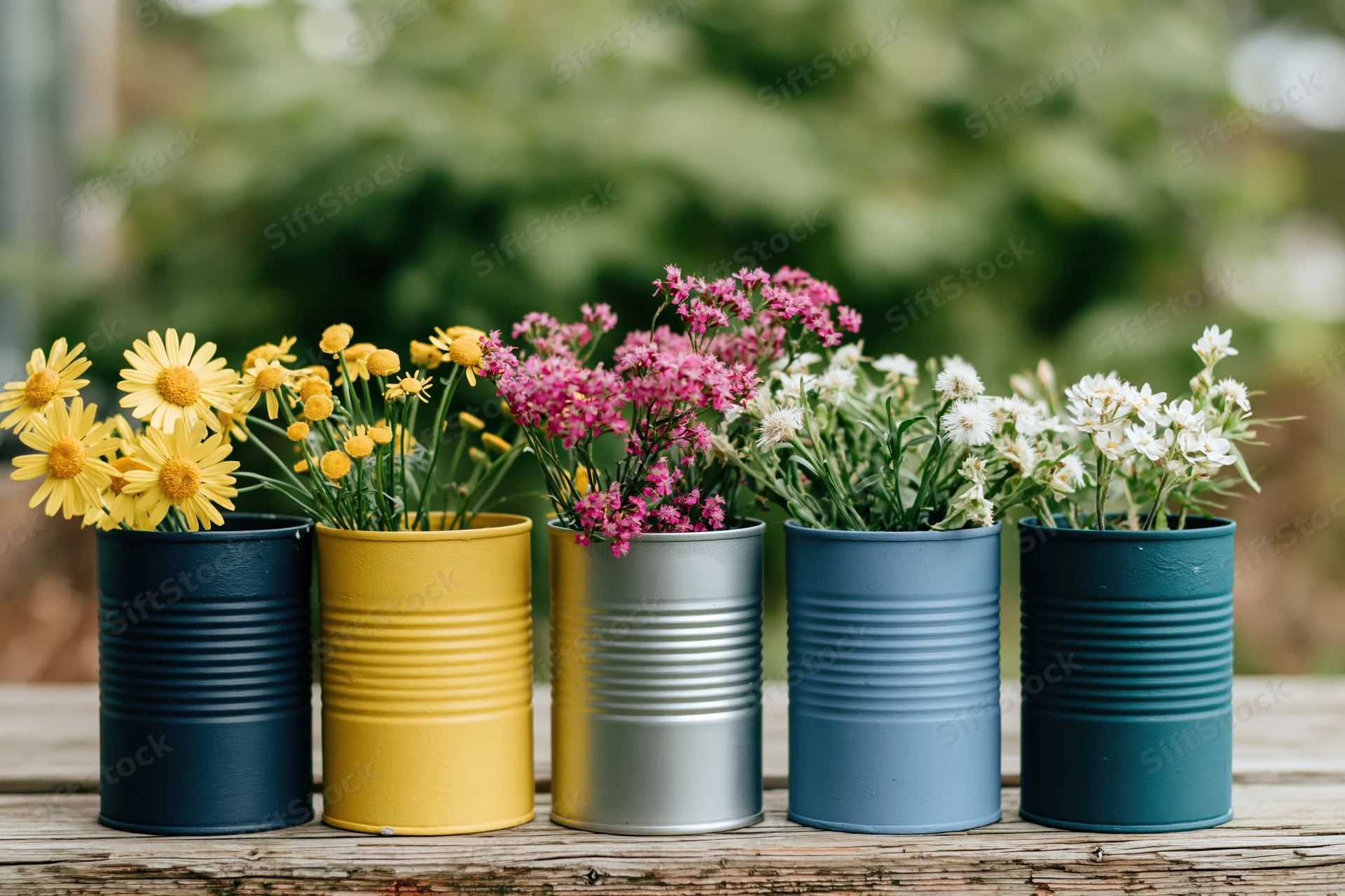 Colorful flowers arranged in painted tin cans on a wooden table outdoors