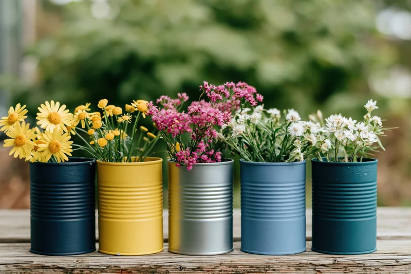 Colorful flowers arranged in painted tin cans on a wooden table outdoors