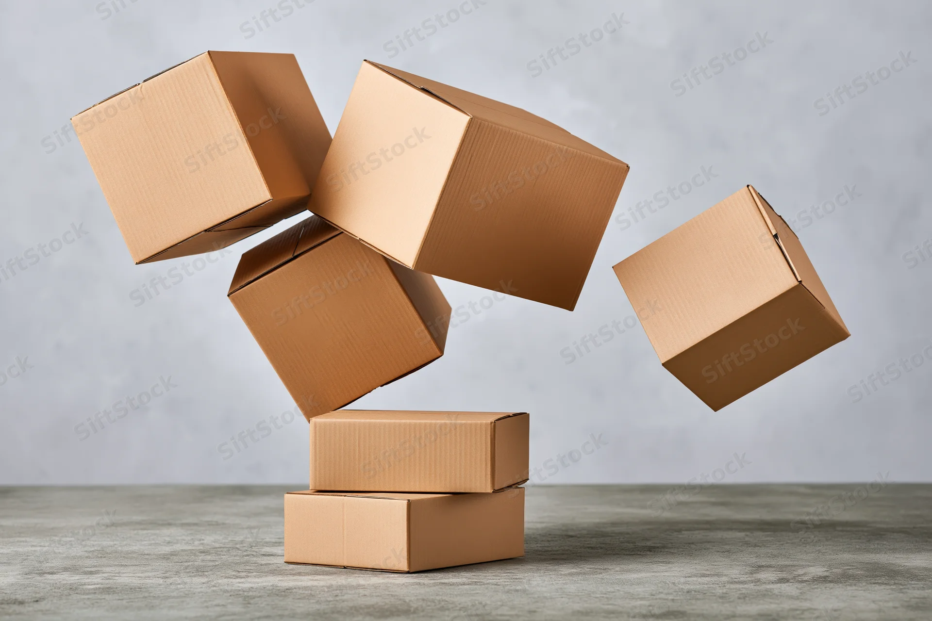 Cardboard boxes tumbling and falling in mid-air above a stack on a concrete floor