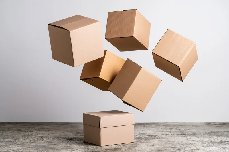 Cardboard boxes tumbling midair above a stack on a concrete floor against a white background