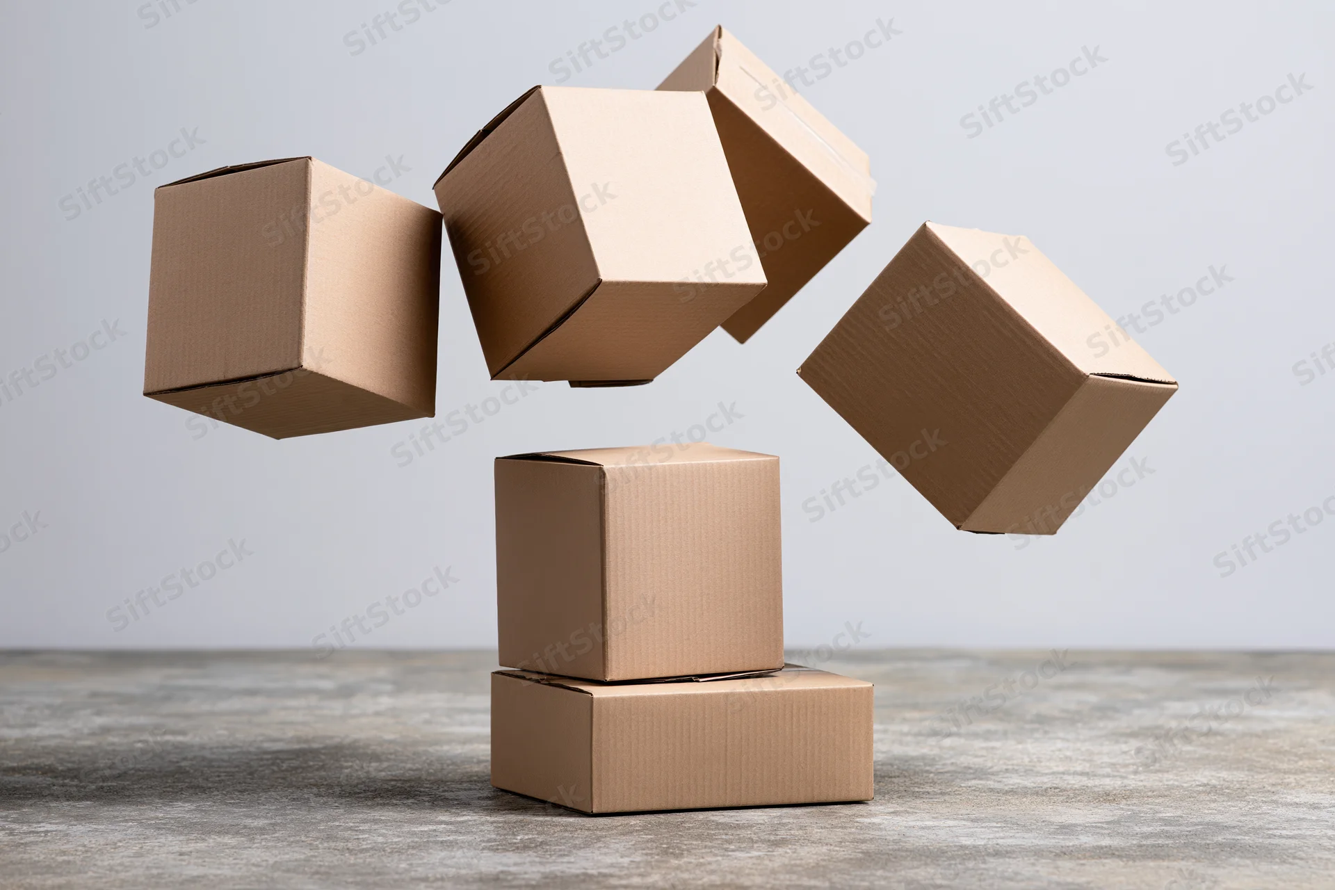 Cardboard boxes tumbling and falling midair above a stack on a concrete floor
