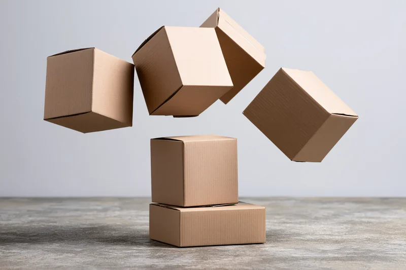 Cardboard boxes tumbling and falling midair above a stack on a concrete floor