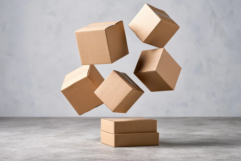 Cardboard boxes tumbling in mid-air above a stack on a concrete floor
