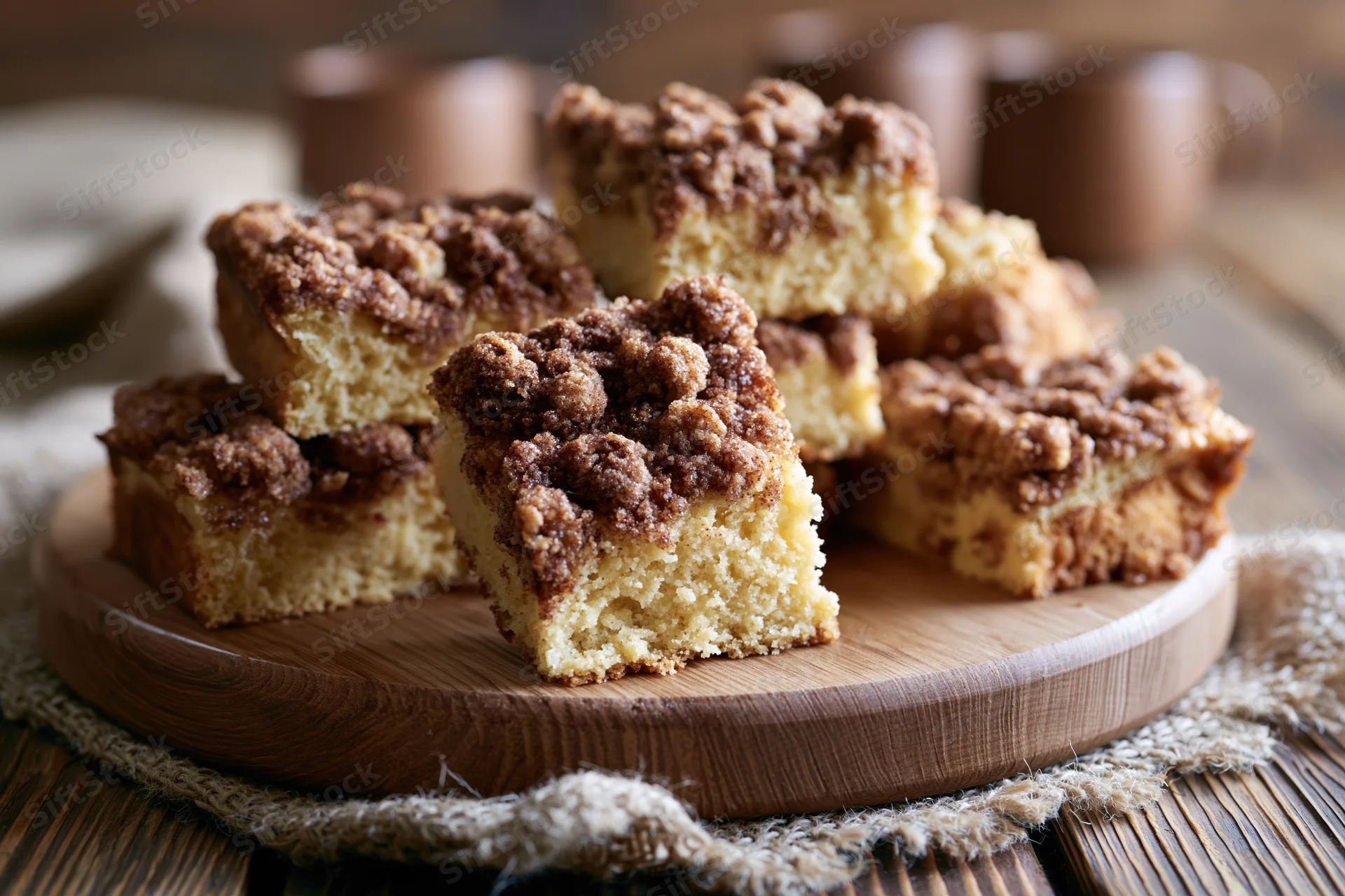 Square slices of cinnamon streusel coffee cake stacked on a wooden board on a rustic table