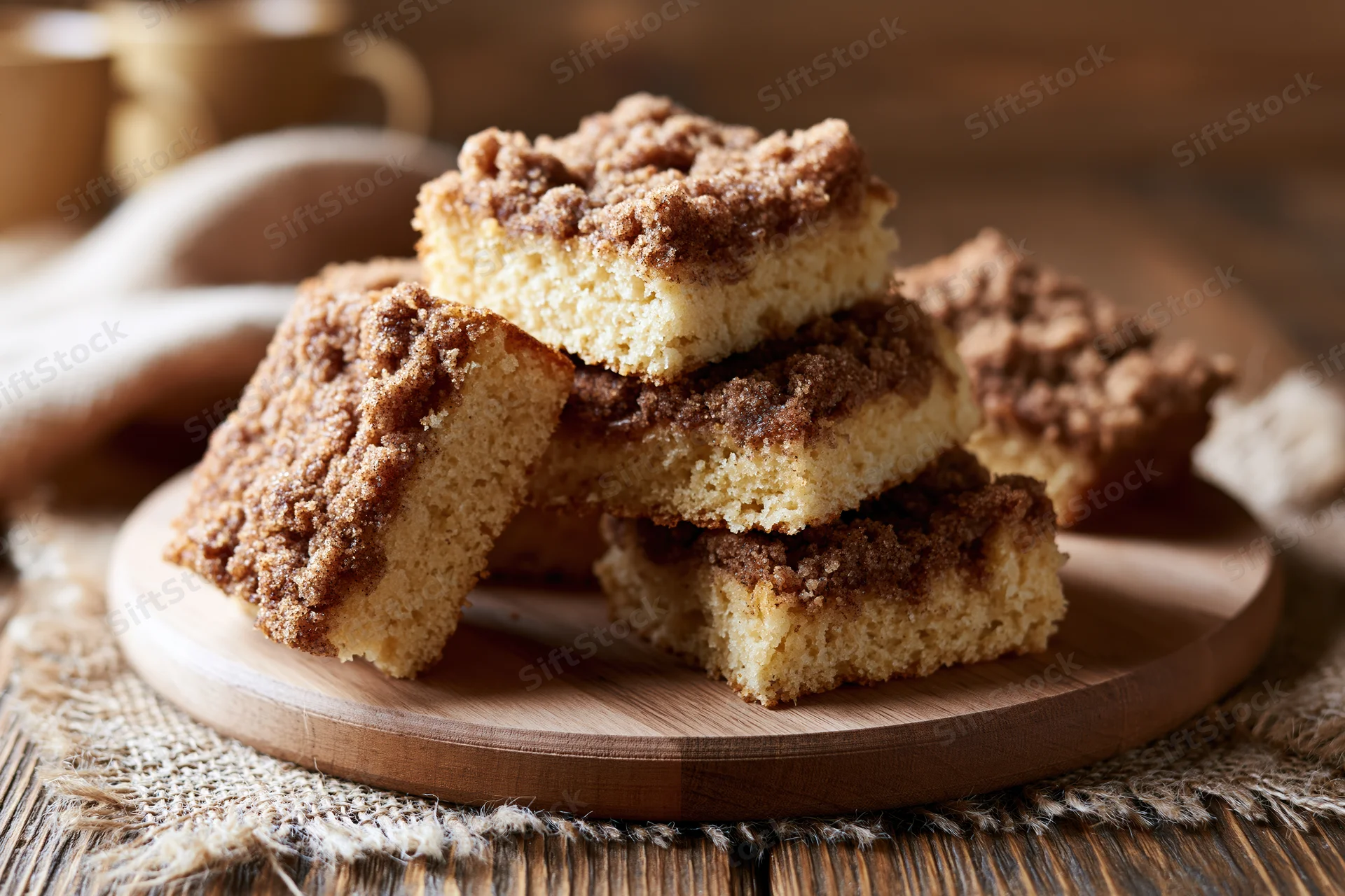 Square slices of cinnamon streusel coffee cake stacked on a wooden plate on a rustic table