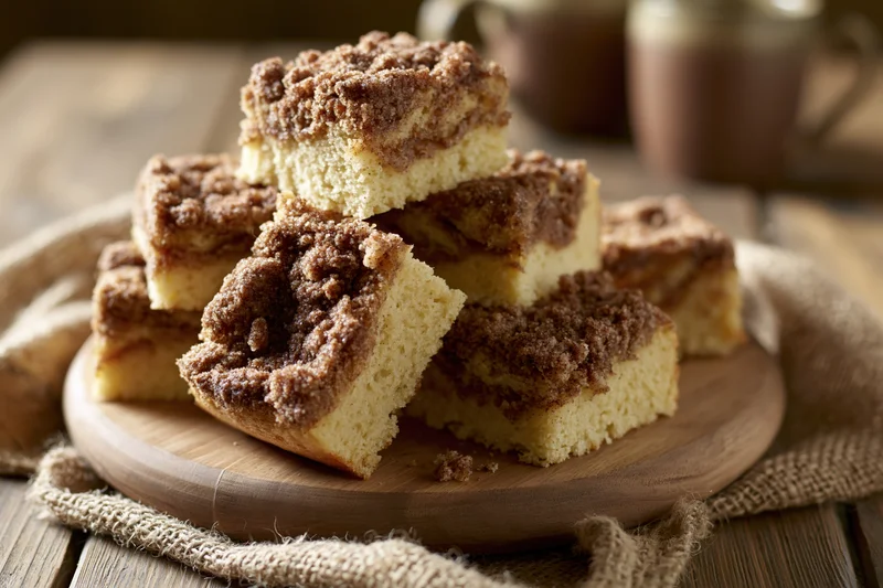 Square slices of cinnamon streusel coffee cake stacked on a wooden board with burlap cloth on a rustic table