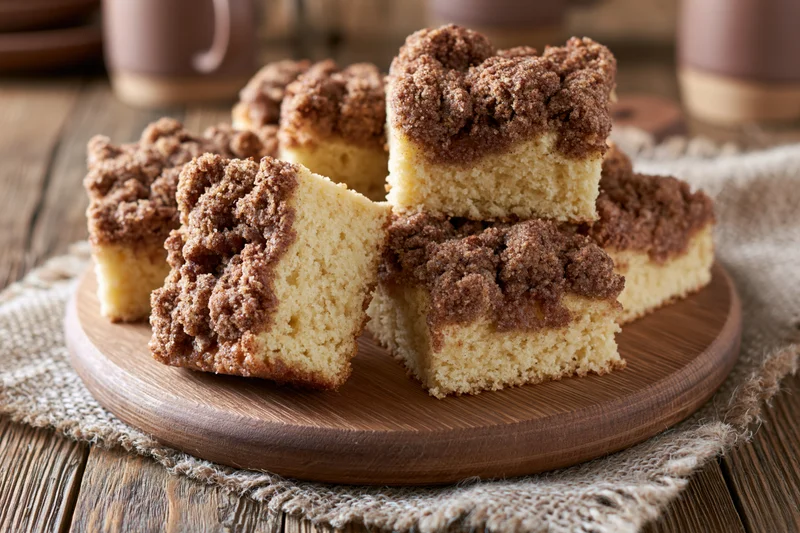 Square slices of cinnamon streusel coffee cake stacked on a wooden plate on a rustic table