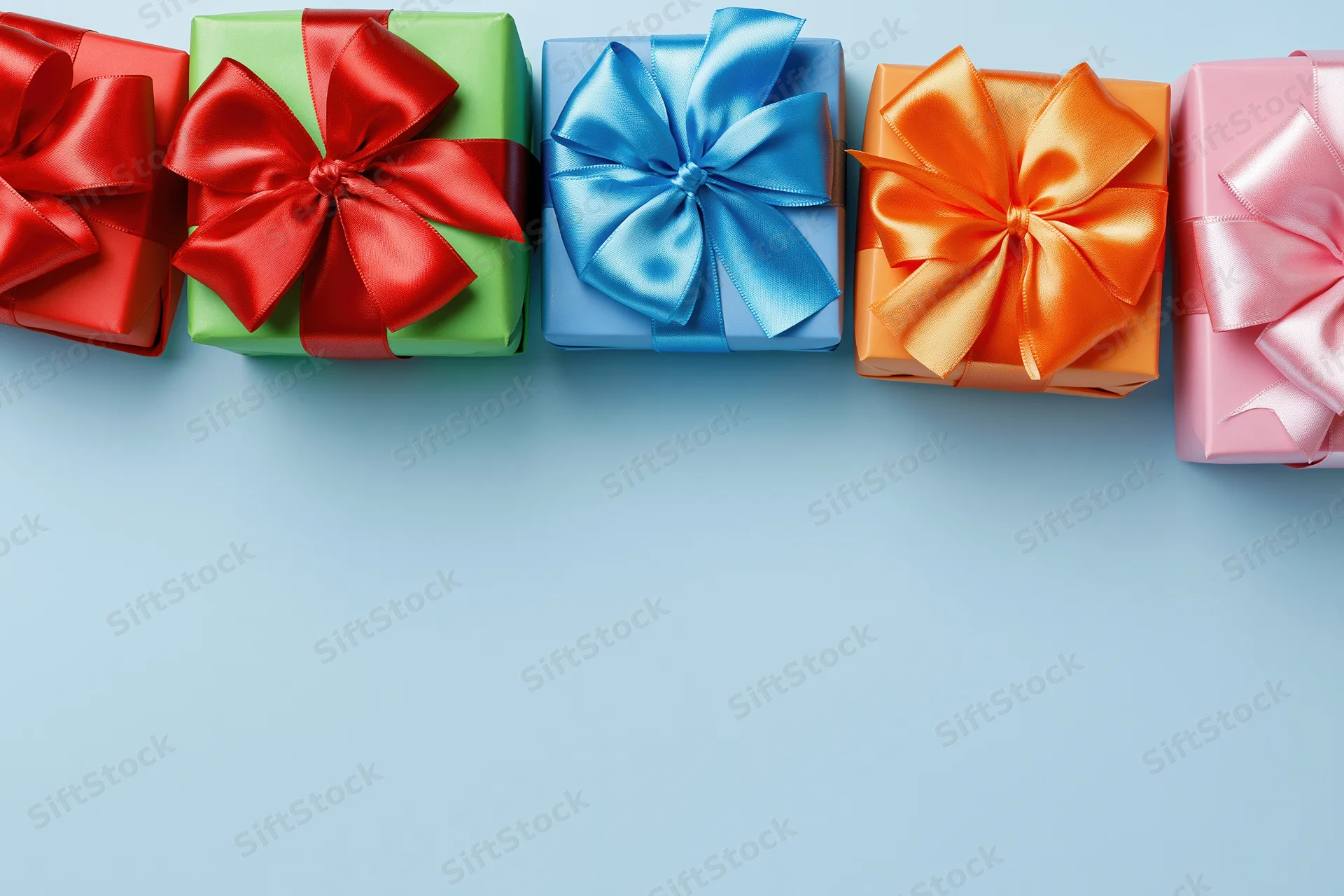 Row of colorful gift boxes with satin ribbon bows arranged along top edge of light blue surface