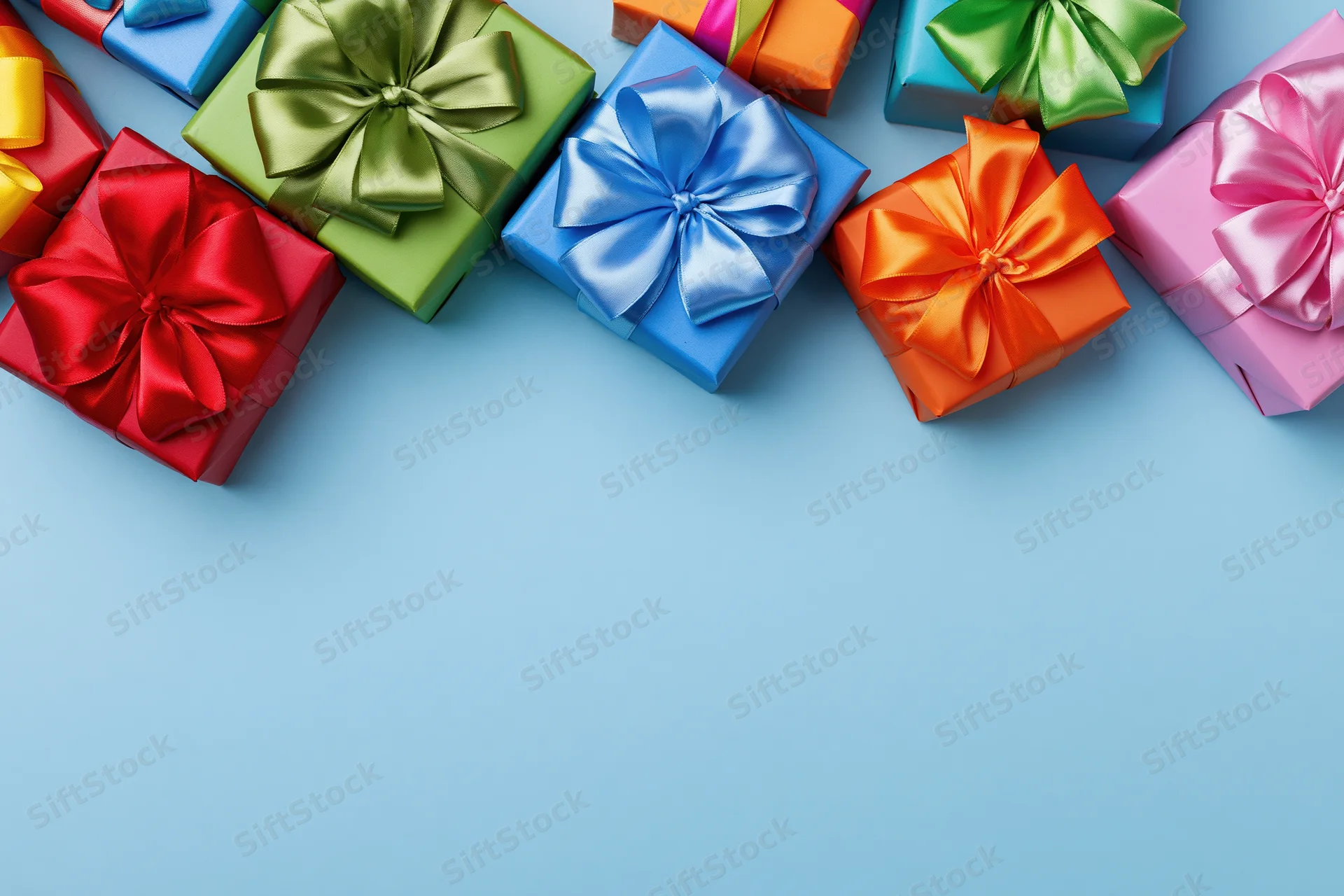Colorful wrapped gift boxes with satin ribbon bows arranged along the top edge of a light blue surface, leaving copyspace below