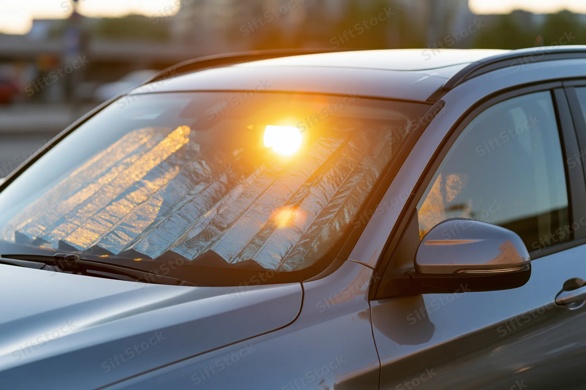 Silver suv with reflective accordion-style sunshade on windshield parked outdoors in sunlight