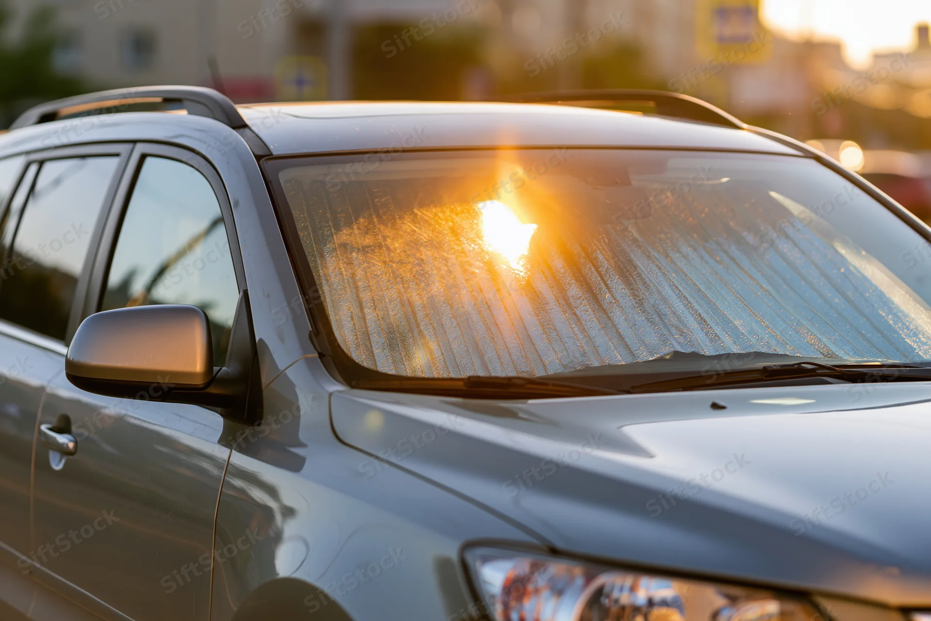 Silver suv with reflective accordion-style sunshade on windshield parked outdoors in sunlight