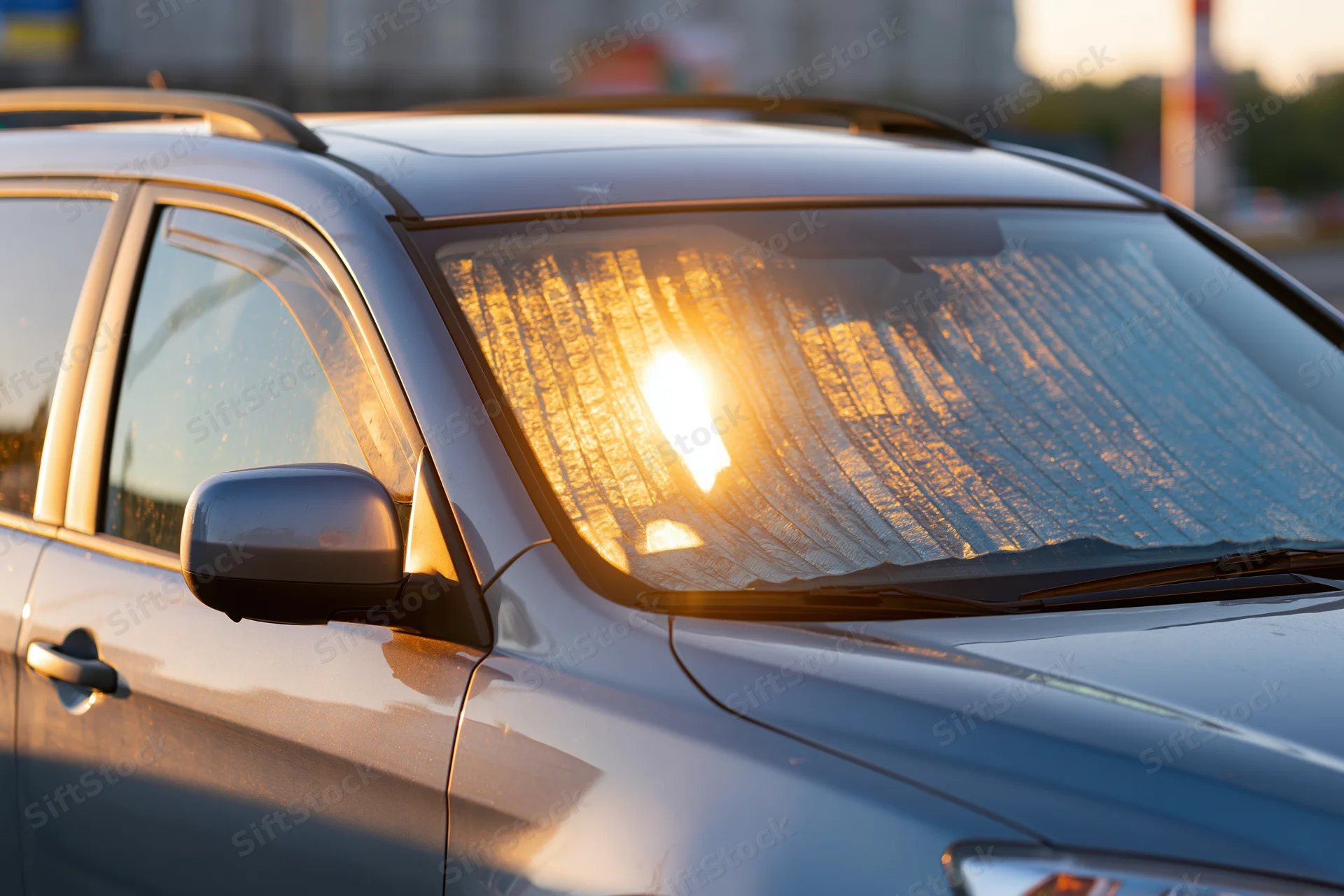 Silver suv parked outdoors with reflective accordion-style sunshade on windshield during golden hour