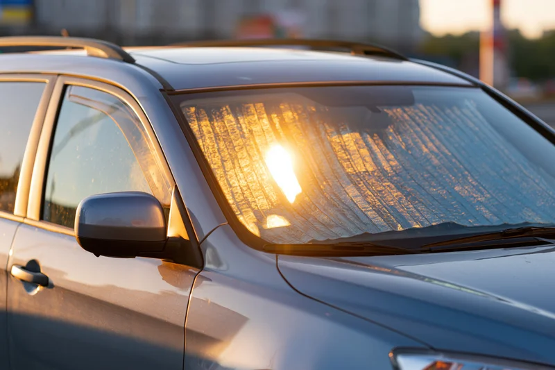 Silver suv parked outdoors with reflective accordion-style sunshade on windshield during golden hour