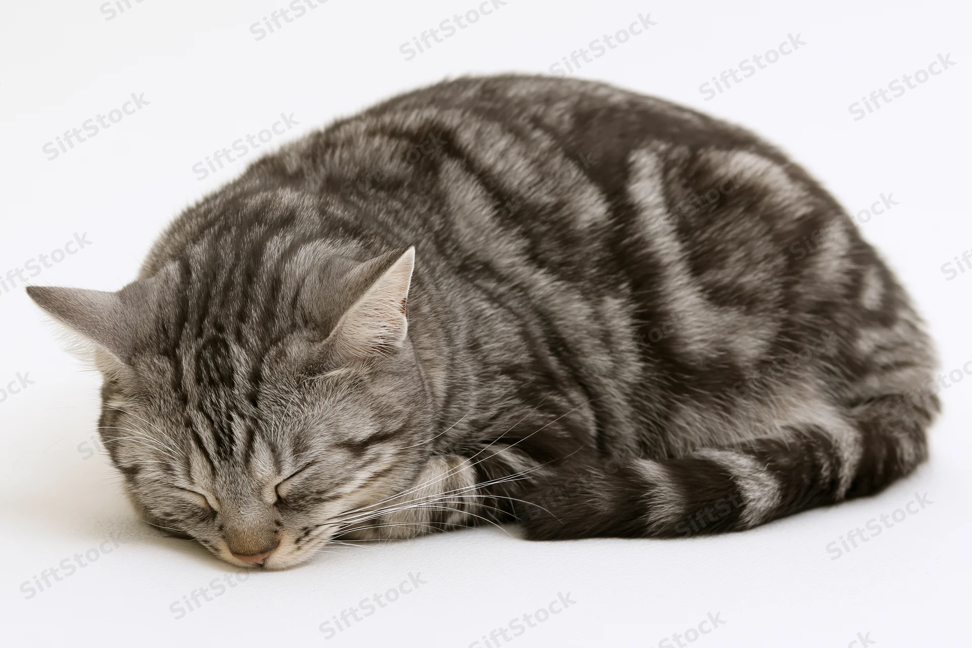 Silver and black tabby cat sleeping curled on white background