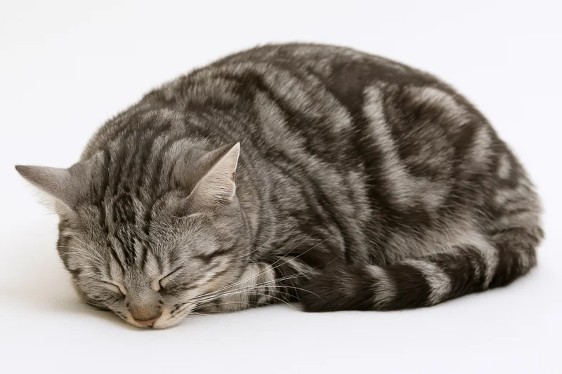 Silver and black tabby cat sleeping curled on white background