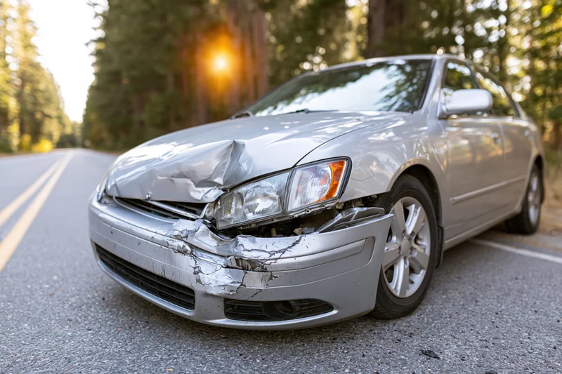 Silver sedan with crumpled front end parked on forest road during daytime