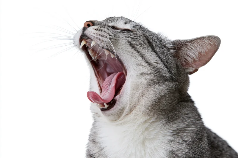 Silver tabby cat mid-yawn with mouth wide open head tilted back against white background