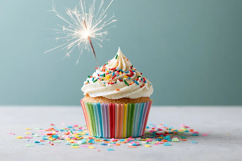 Birthday cupcake with lit sparkler and sprinkles on a table surrounded by confetti