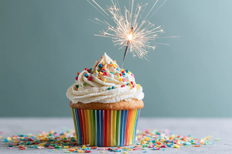 Single birthday cupcake with lit sparkler and colorful sprinkles on a table
