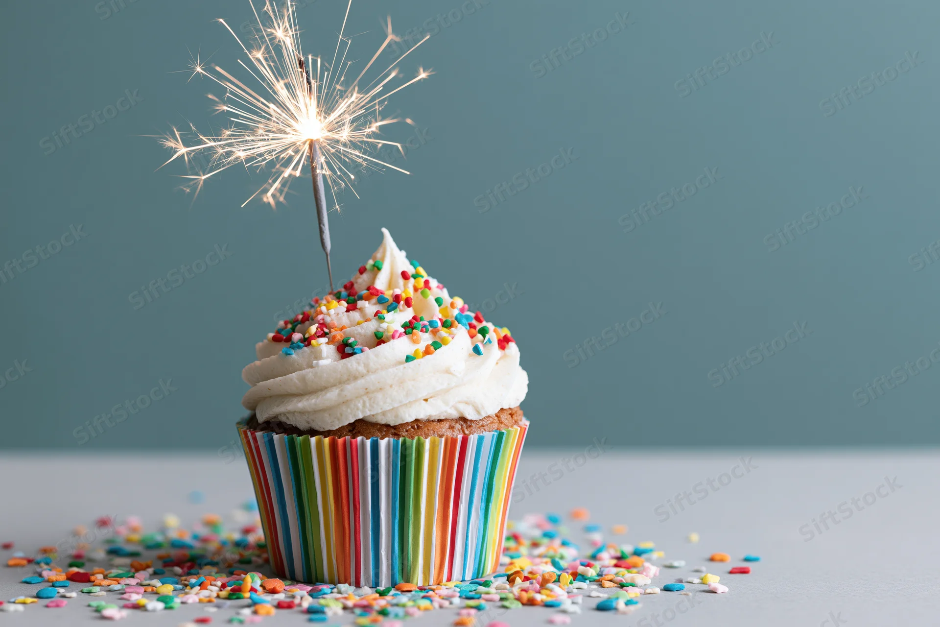 Single birthday cupcake with lit sparkler and colorful sprinkles on a table