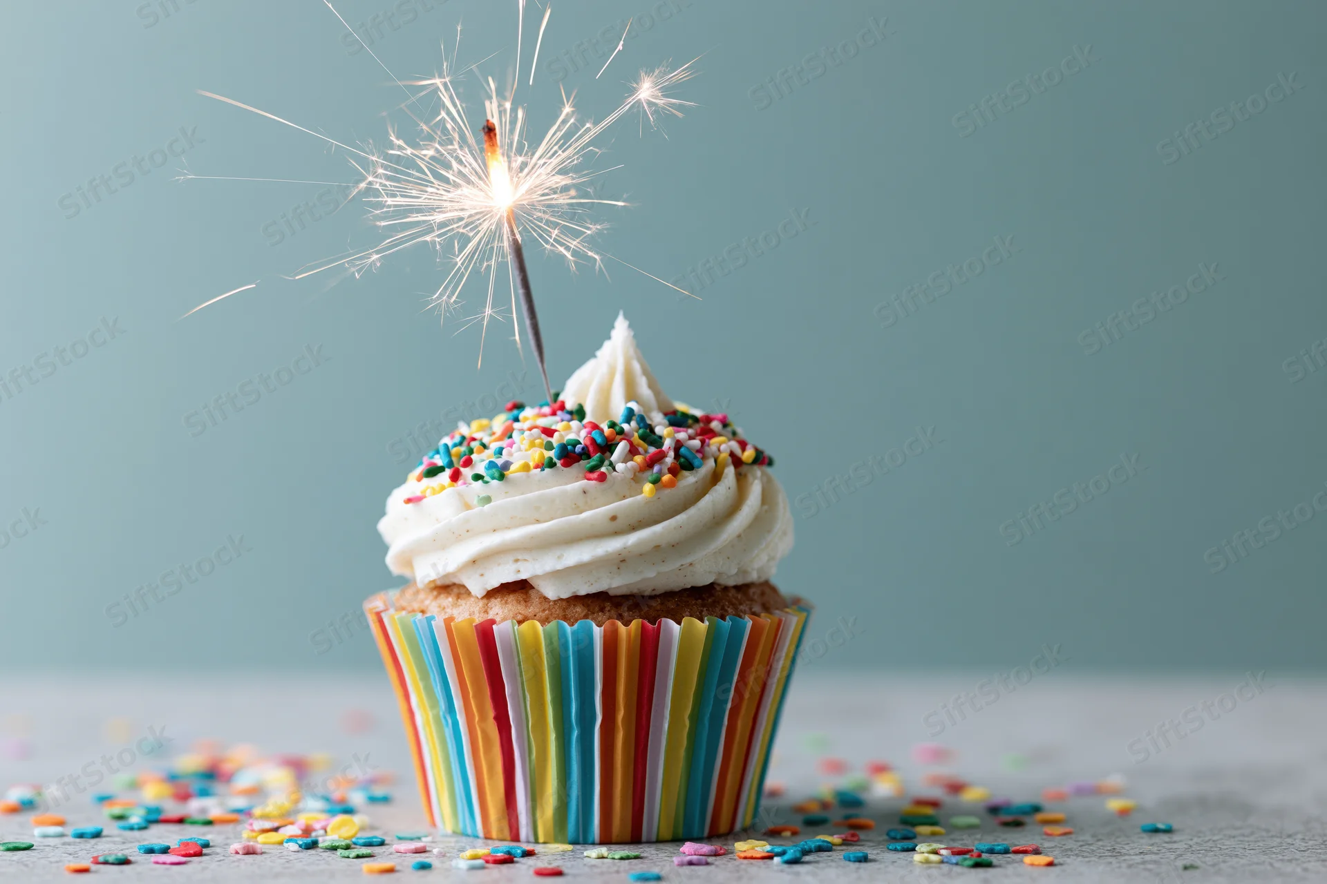 Single birthday cupcake with lit sparkler and sprinkles on a table