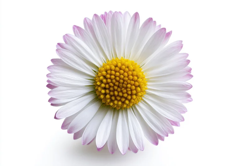Overhead view of a single daisy flower with white petals and yellow center on a white background
