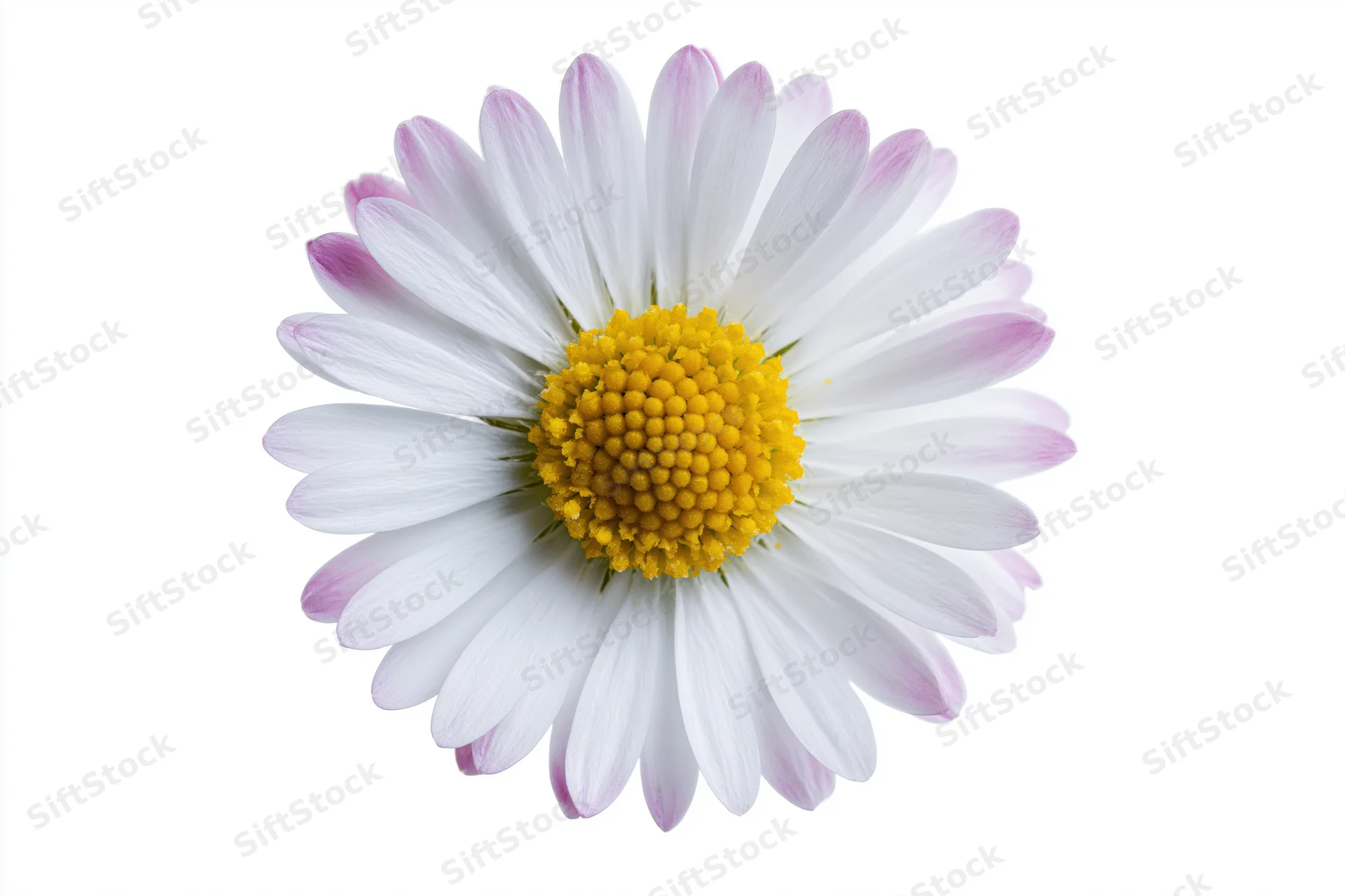 Top view of a single daisy flower head with white petals and yellow center isolated on white background