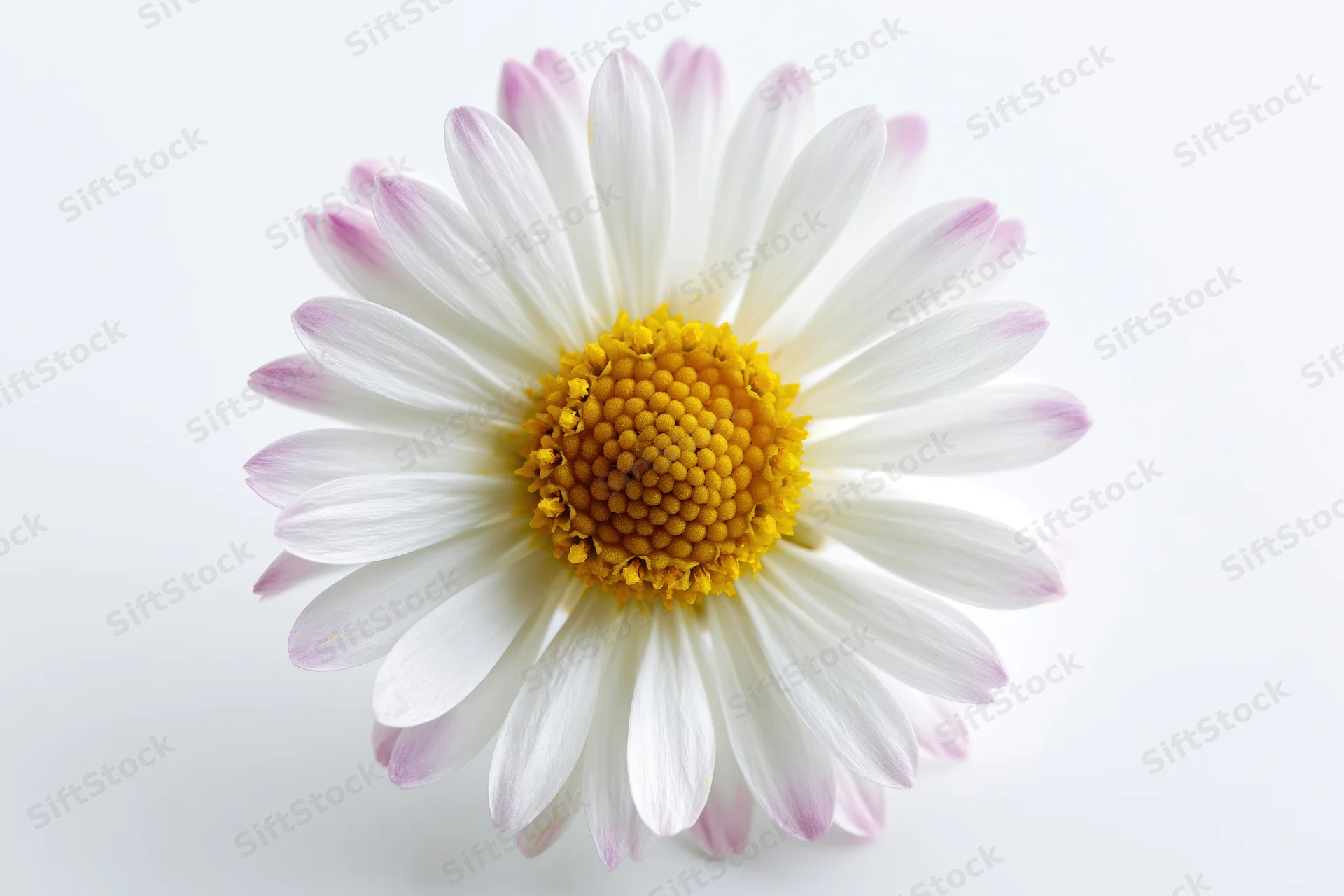 Overhead view of a single daisy flower with white petals and yellow center on a plain white background